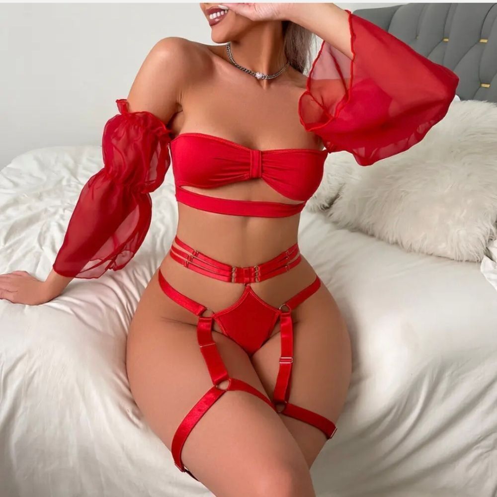 Women's Sexy Lingerie with Puff Long Sleeve Tube Top Off Shoulder Sexy Sleepwear